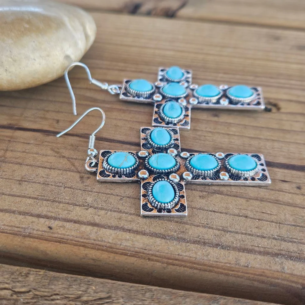 Western Boho Turquoise Cross Earrings - Picture 3 of 5